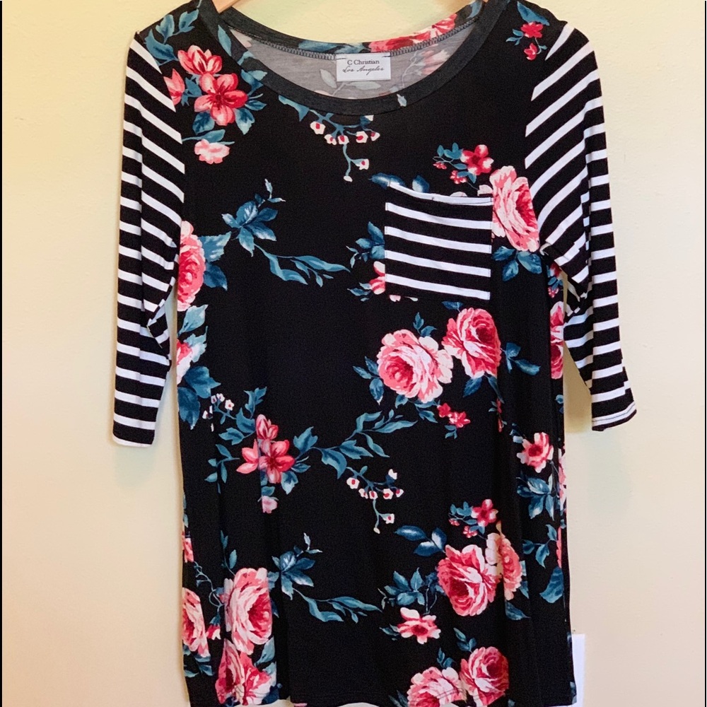 3/4 sleeve mixed print floral and striped top